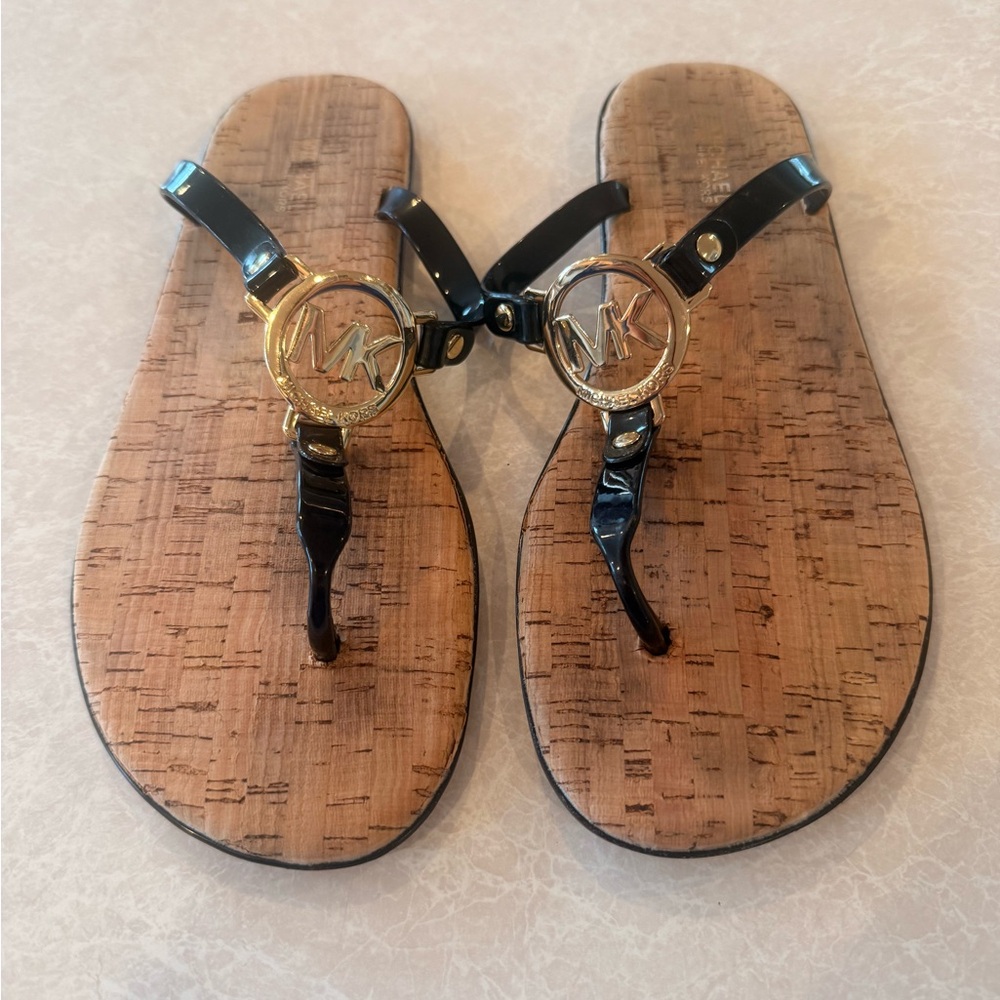 Michael Kors Black Patent Thong Sandals with Gold MK Medallions